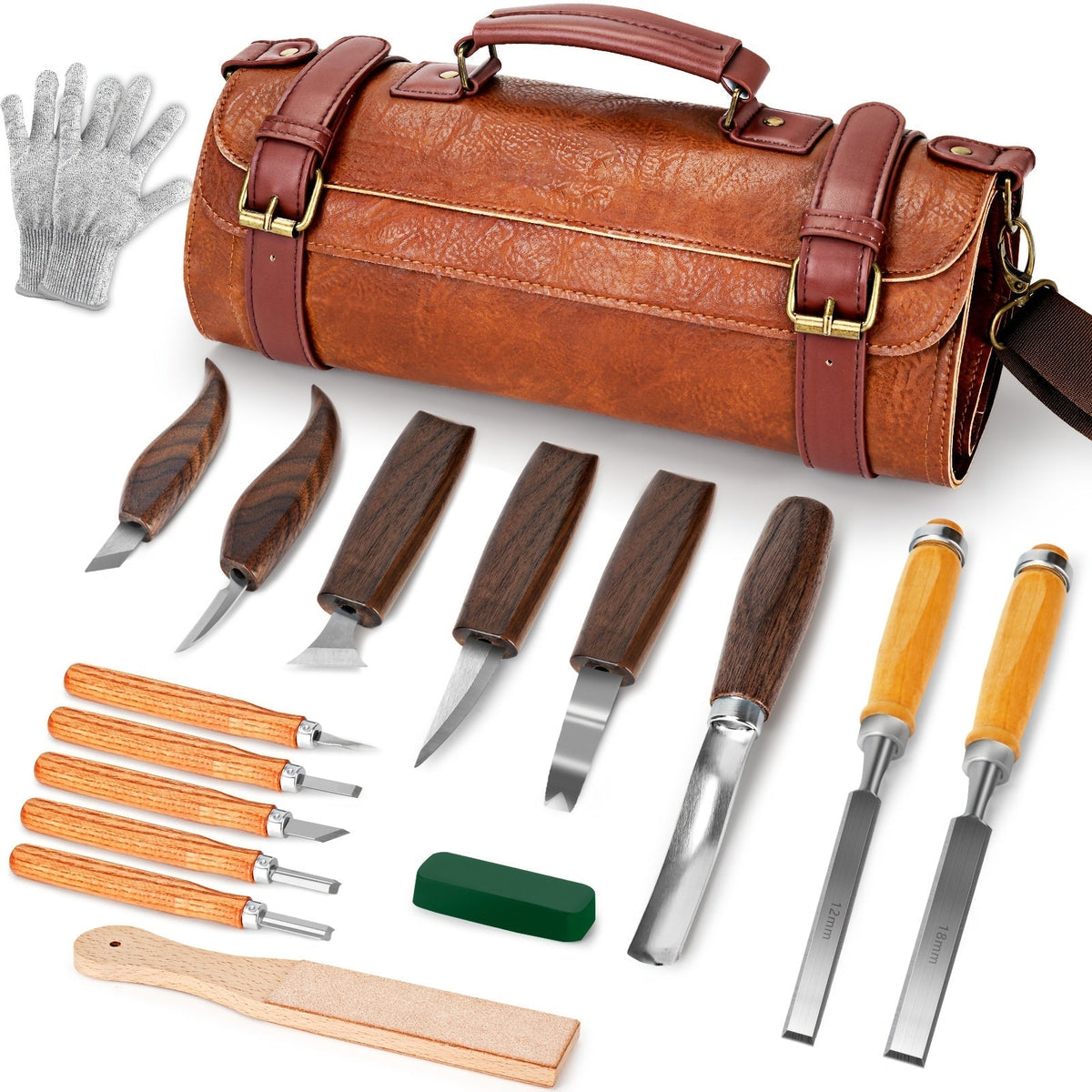 Wood Carving Knife Set PU Case 15-23 Piece Whittling Kit Chisel Hook Detail Geometric Knife Safety Gloves Leather Strop Basswood Block Art Craft Gift