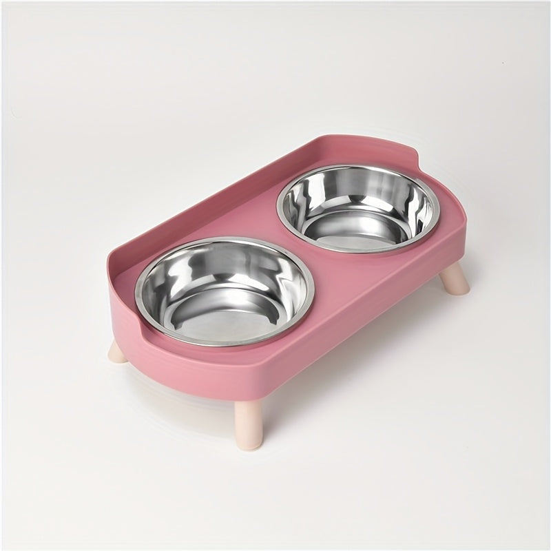 2-in-1 Cat Feeder and Water Dispenser with Stainless Steel Dual Bowl - Non-Slip Easy-Clean Pet Food & Water Station with Cute Cat Design, Healthy Hydration & Feeding Set for Cats & Small Dogs, Multiple Color Options