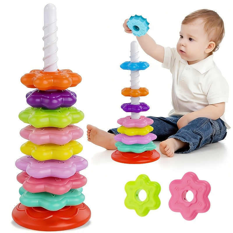 Rainbow Spinning Stacking Tower Toy for Toddlers – 10-Piece Rotating Ring Toss Matching Game for Color Recognition & Cognitive Development | Multicolor Educational STEM Gift for Kids Ages 1-3