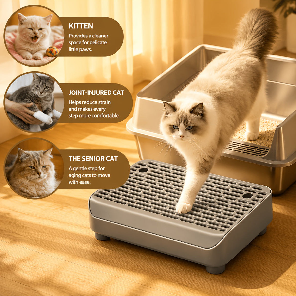 Double-Layer Cat Litter Trapping Mat with Step & Detachable Legs – Non-Slip Leakproof Filter Design, Easy to Clean, Fits Most Litter Boxes, Light Gray
