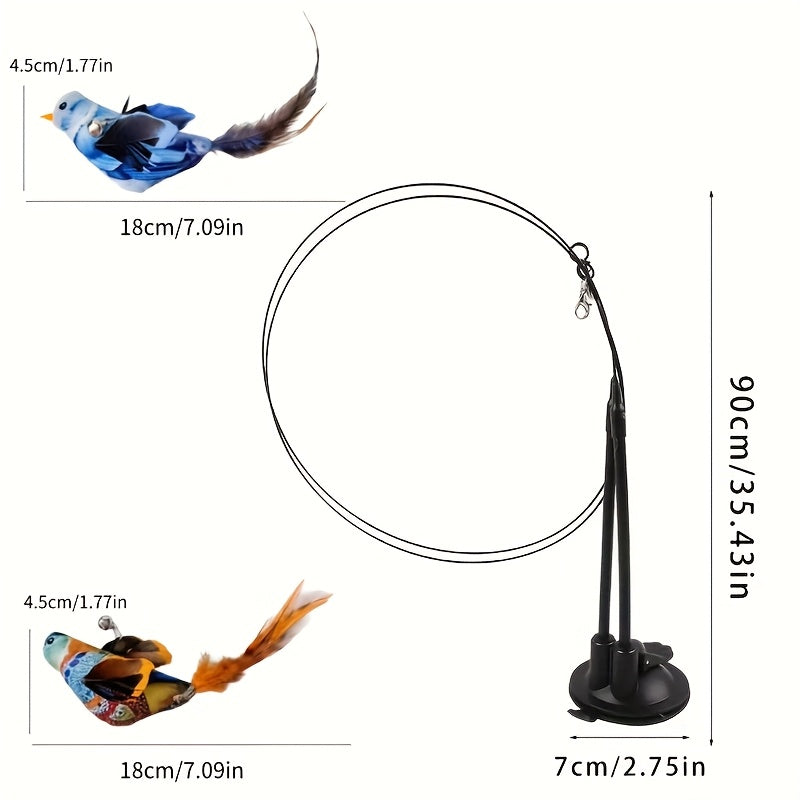 Cat Bird Hunting Toy with Double Rod & Suction Cup Base - Hands-Free Interactive Teaser with Bell Artificial Bird Feather for Cats Kittens Indoor Outdoor Exercise Training Random Color