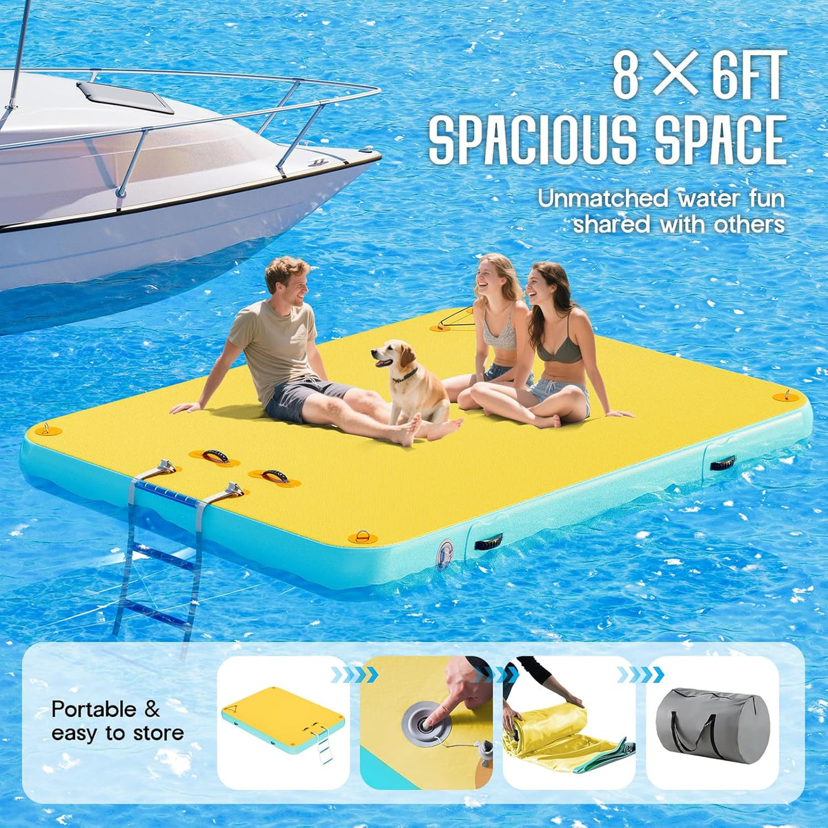 Inflatable Floating Dock Platform for Lake – Modular 12FT×6FT Drop Stitch PVC Swim Platform with D-Rings, Rope Ladder & Hand Pump, Non-Slip Water Mat for Adults & Kids