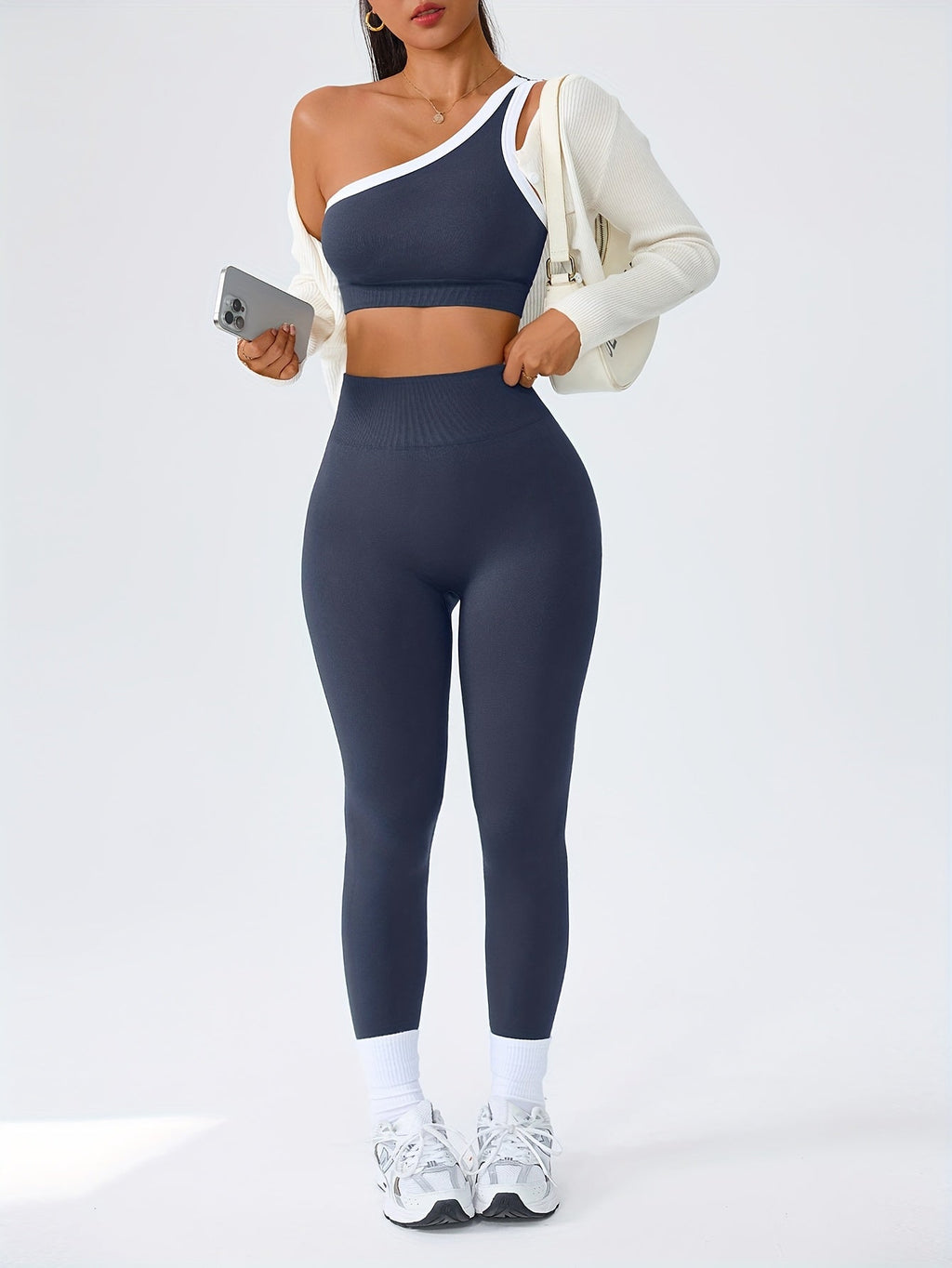 Women's 2-Piece High-Waisted Butt-Lifting Leggings & Sports Bra Set – 90% Polyamide Stretchy Minimalist Yoga Running Workout Outfit with Camisole Top, Solid Color, S-XL