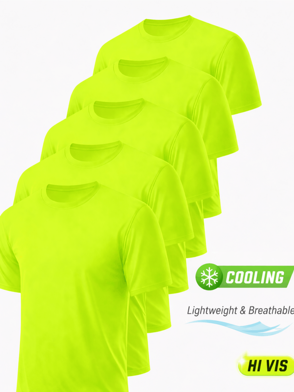 5-Pack Men's UPF 50+ Safety Work Shirts – Quick Dry Breathable Performance Tees for Outdoor Jobs, Fluorescent Yellow High Visibility, S-XXXL, Gift for Dad