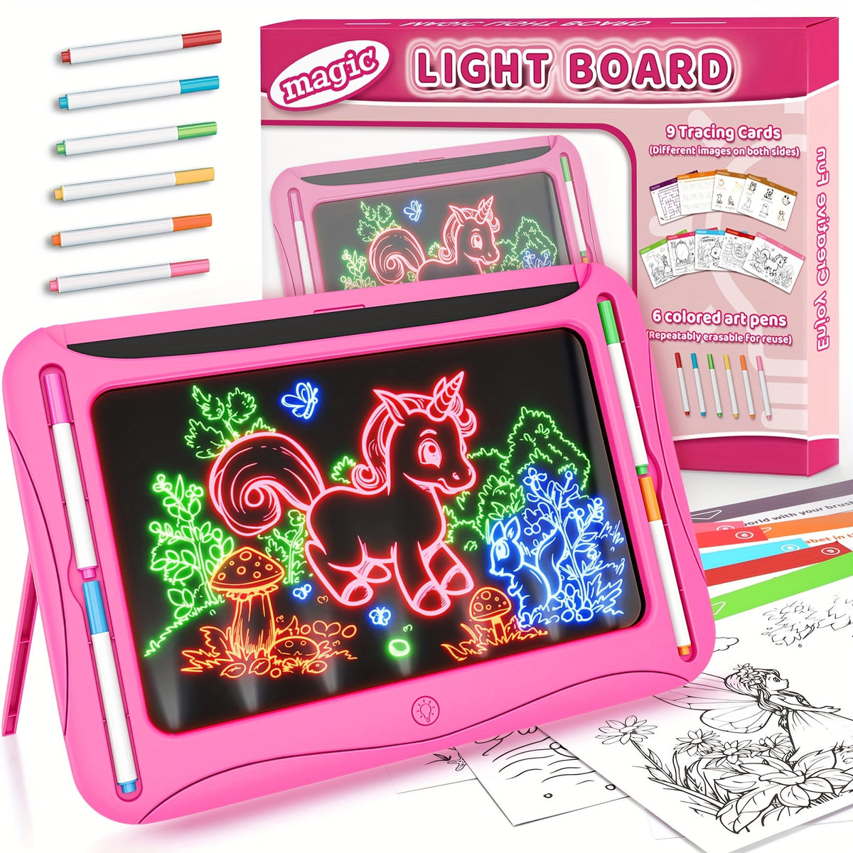 LED Light Up Drawing Board for Kids 8 Light FX Modes Doodle Tracing Art Set with 9 Double-Sided Cards 6 Washable Markers Flip Stand Creative STEM Toy Birthday Christmas Gift Girls Boys Ages 3-8