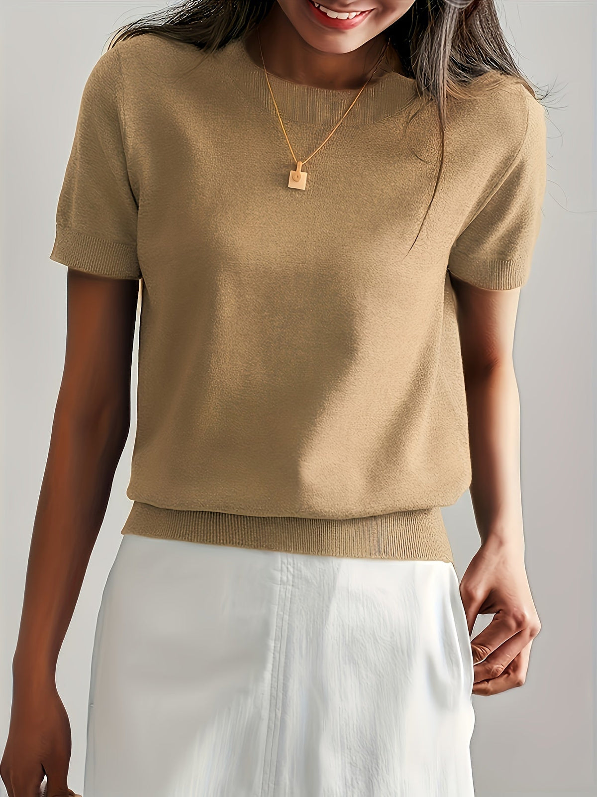 Fine-Spun Short Sleeve Knit Top Women Crew Neck Casual Pullover Sweater Solid Color Lightweight Base Layer Shirt for Women S M L XL XXL