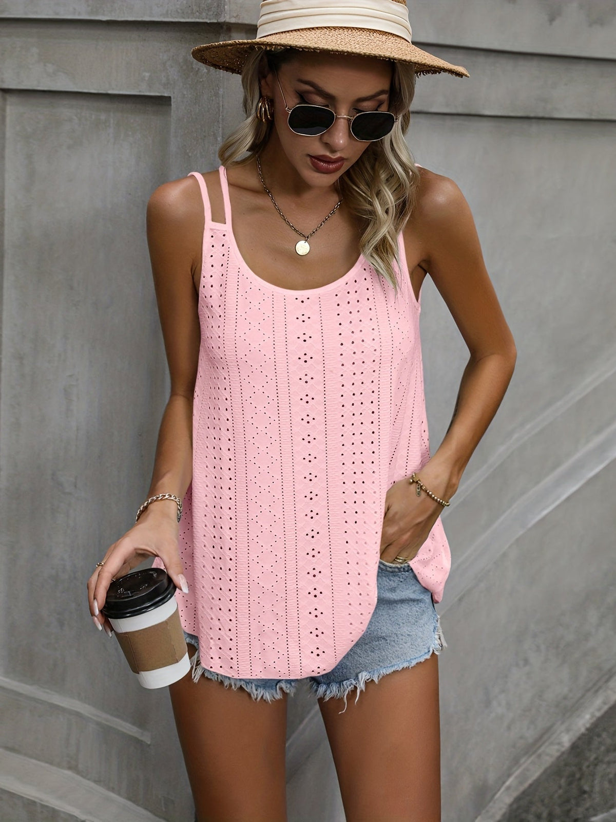 Women's Hollow Out Cami Tank Top Spaghetti Strap Sleeveless Eyelet Knit Casual Summer Tops for Women Stretchy Lightweight S-XXL Multiple Colors