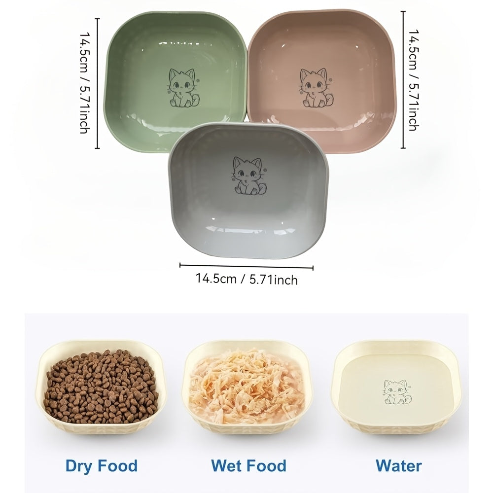 Cat Bowl Set 3 Pack - Non-Spill Shallow Wide Cat Food Bowls, Anti-Fatigue Whisker-Friendly Design, Engraved Kitten Pattern, Pet-Safe Durable Dishes for Indoor Cats, Healthy Ergonomic Feeding Bowls