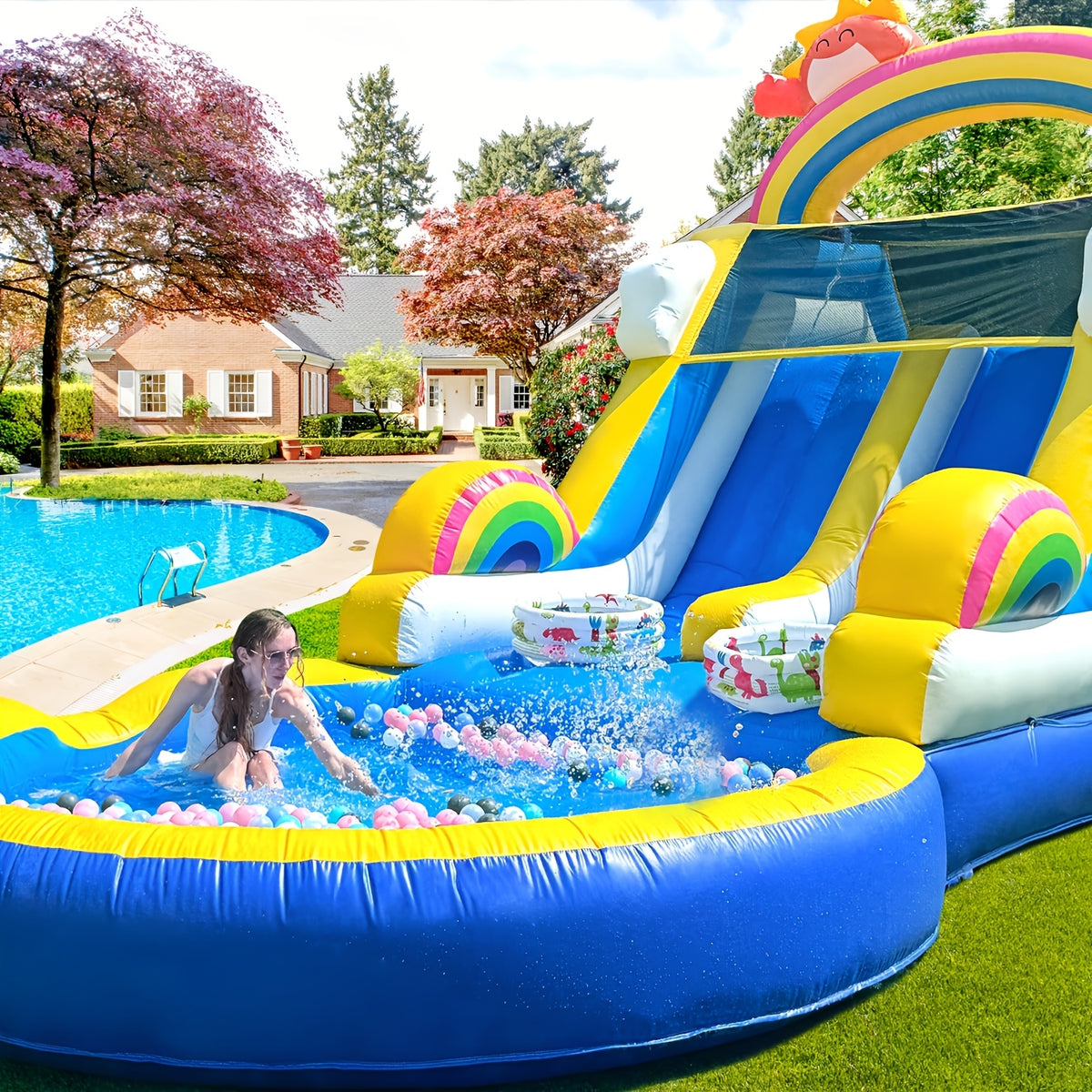 24.5 FT Inflatable Water Slide with Blower, Commercial Grade PVC Outdoor Water Slide 24.5x11x12 FT for Kids & Adults, Backyard Summer Fun Pool Party Slide - Heavy Duty, Easy Setup