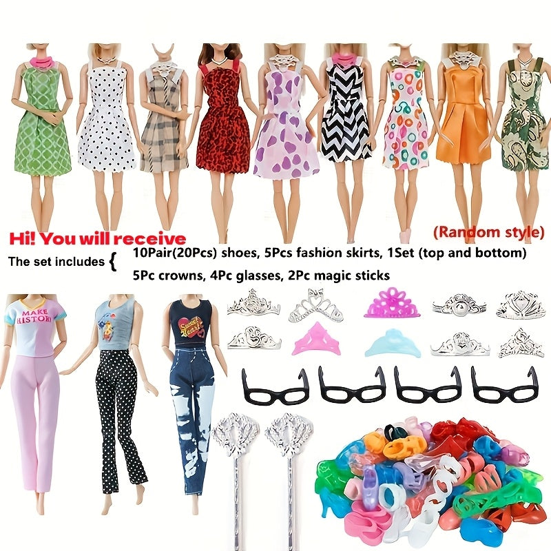 36-Piece Doll Clothes & Jewelry Set for 11.5" Fashion Dolls – Complete Outfits with Skirts, Shoes, Crown & Magic Staff, Random Color Mix, Girls Gift