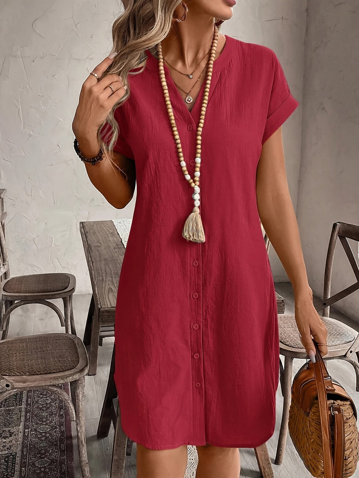 Women's V-Neck Loose Fit Button Dress – Elegant Casual Solid Color Summer Shirt Dress in 9 Colors for Everyday & Vacation Wear