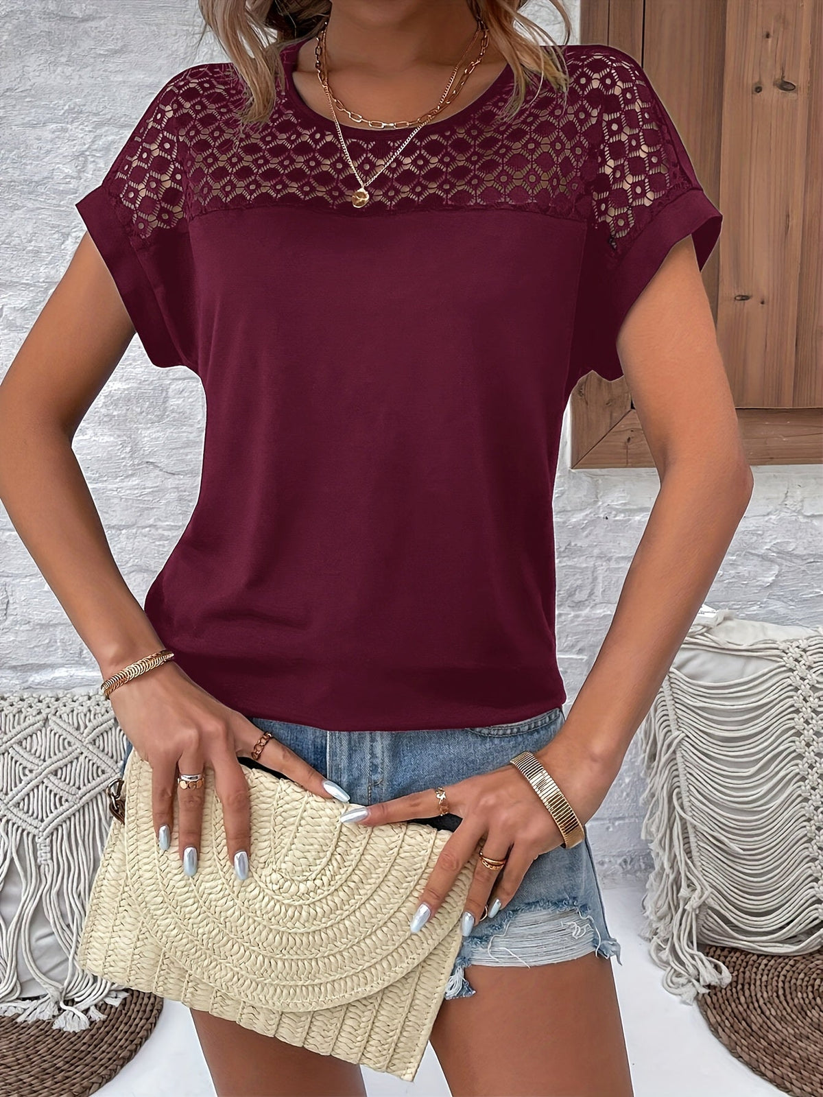 Lace Off Shoulder T-Shirt Women Vacation Batwing Short Sleeve Tops Casual Summer Loose Fit Elegant Floral Lace Tee Shirt Multiple Colors S M L XL