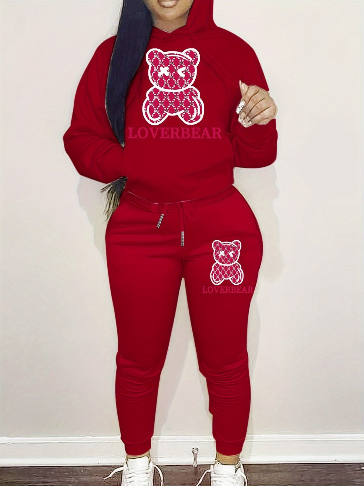 Cartoon Bear Print Two-piece Set Hoodie & Jogger Pants Women Tracksuit Drawstring Long Sleeve Sweatsuit Outfit S-XXL Multiple Colors