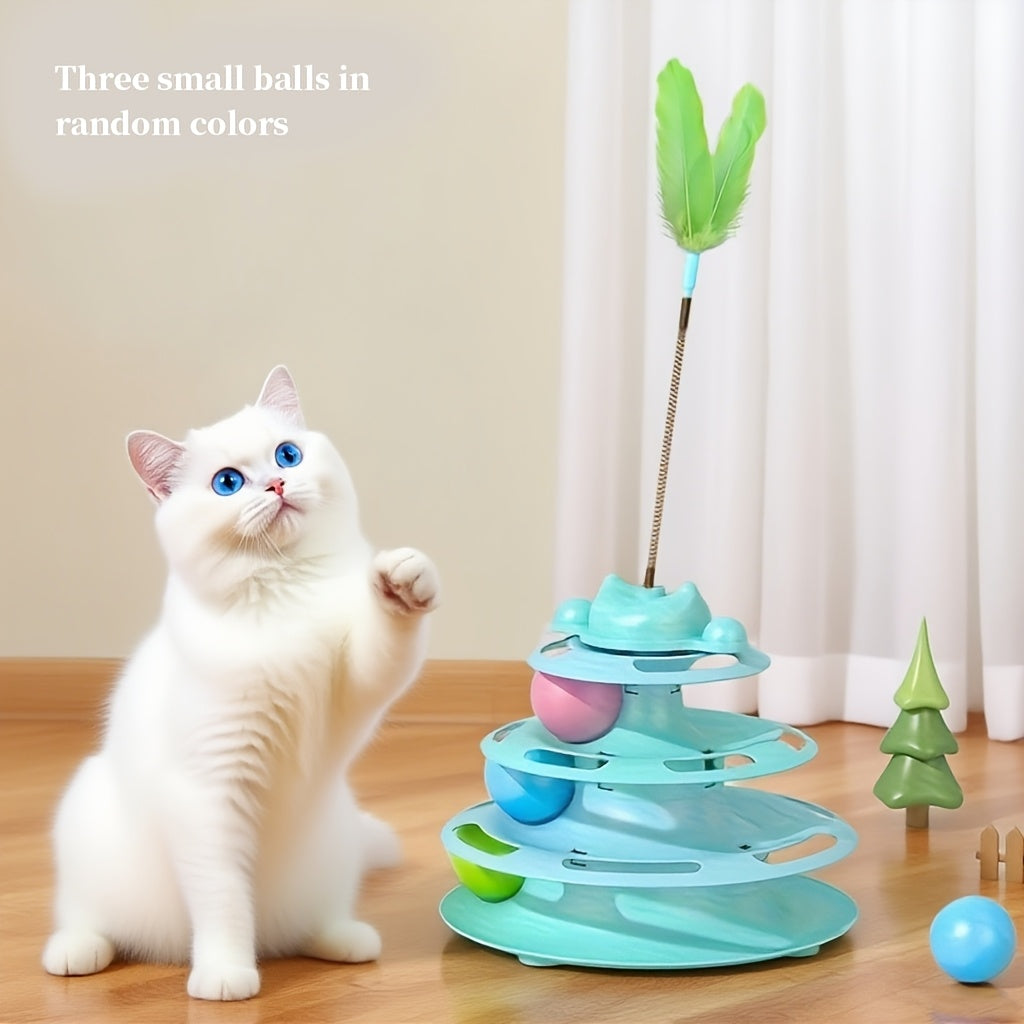 Feather Cat Carousel Toy Rotating Rolling Ball - Interactive Spinning Turntable Teasing Toy for Indoor Cats, Self-Entertainment Boredom Buster Cat Gift, No Battery Required, 3 Colors Light Green Blue Pink