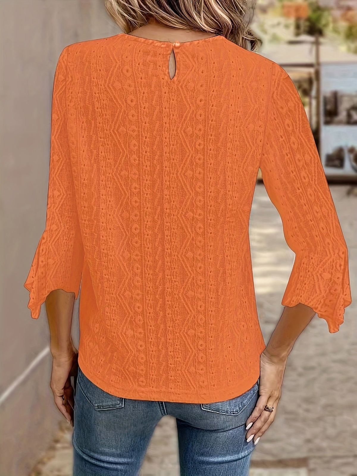 Women's Contrast Lace Trim Long Sleeve Blouse – Sexy Semi-Sheer Round Neck Elegant Pullover Top for Spring Summer Fall in Black, White & Orange-Red