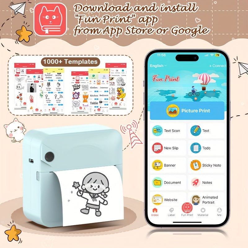 Mini Wireless Thermal Sticker Printer – Inkless Portable Bluetooth Pocket Printer for Photos, Diaries, Notes & Memos, Includes 1 Roll Thermal Paper, Smart Receipt & Label Maker