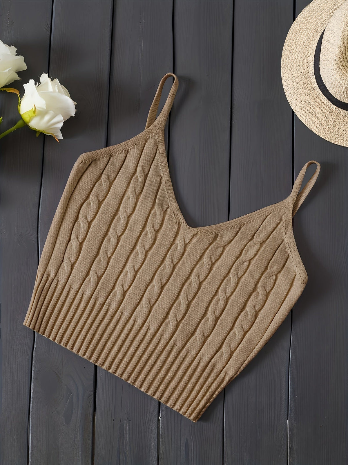 Women's Ribbed V-Neck Tank Top - Stretchy Sleeveless Vest for Layering & Everyday Wear, Beige Casual Summer Cami, Fitted Soft Knit Shirt for Women