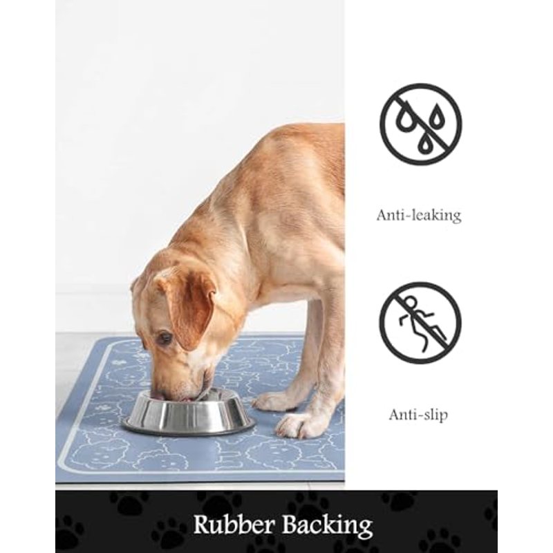 Absorbent Pet Feeding Mat for Food and Water Bowls 12x19 Inch - Quick-Dry Non-Slip Floor Protector for Messy Dogs Cats Drinkers - Waterproof Dog Bowl Mat Pet Placemat Blue Washable