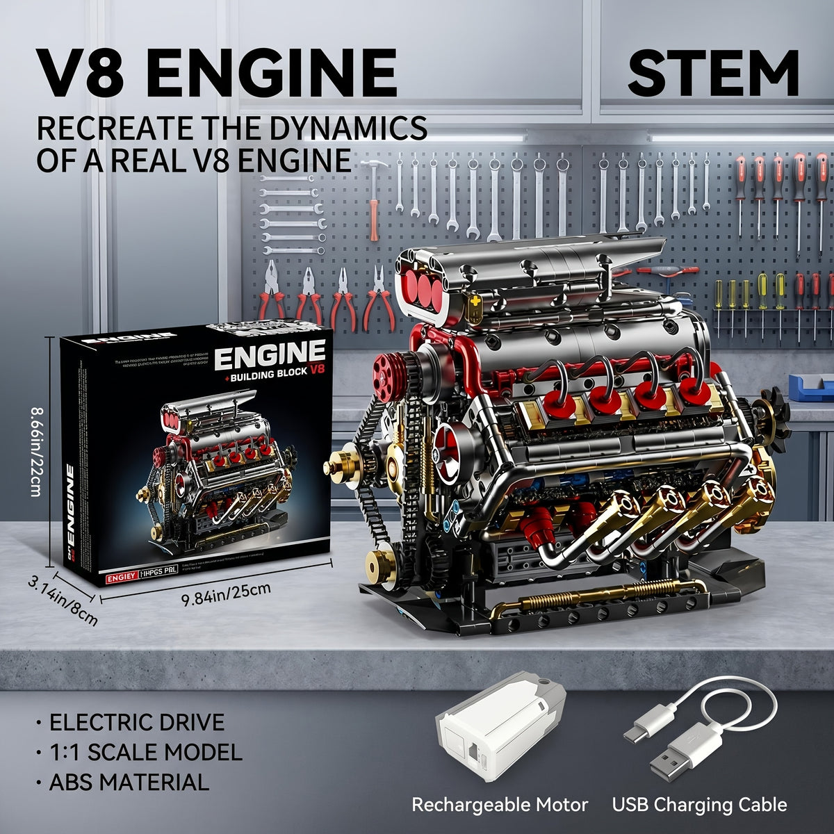 V8 Engine Building Block Kit 1176pcs - Operable Car Engine Model with Rechargeable Motor, STEM DIY Assembly Set, Desktop Display Collectible | Hobby Gift for Mechanics & Engineering Enthusiasts