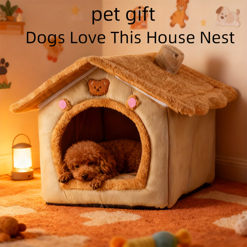 Cute House Dog Bed for Small Dogs - Warm Winter Plush Thick Cushion Pet House Bed for Teddy Chihuahua Pomeranian Bichon Schnauzer Bulldog, Indoor Dog Room Cozy Sleeping Nest
