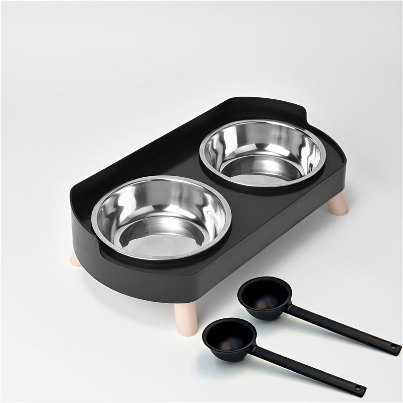 2-in-1 Cat Feeder and Water Dispenser with Stainless Steel Dual Bowl - Non-Slip Easy-Clean Pet Food & Water Station with Cute Cat Design, Healthy Hydration & Feeding Set for Cats & Small Dogs, Multiple Color Options