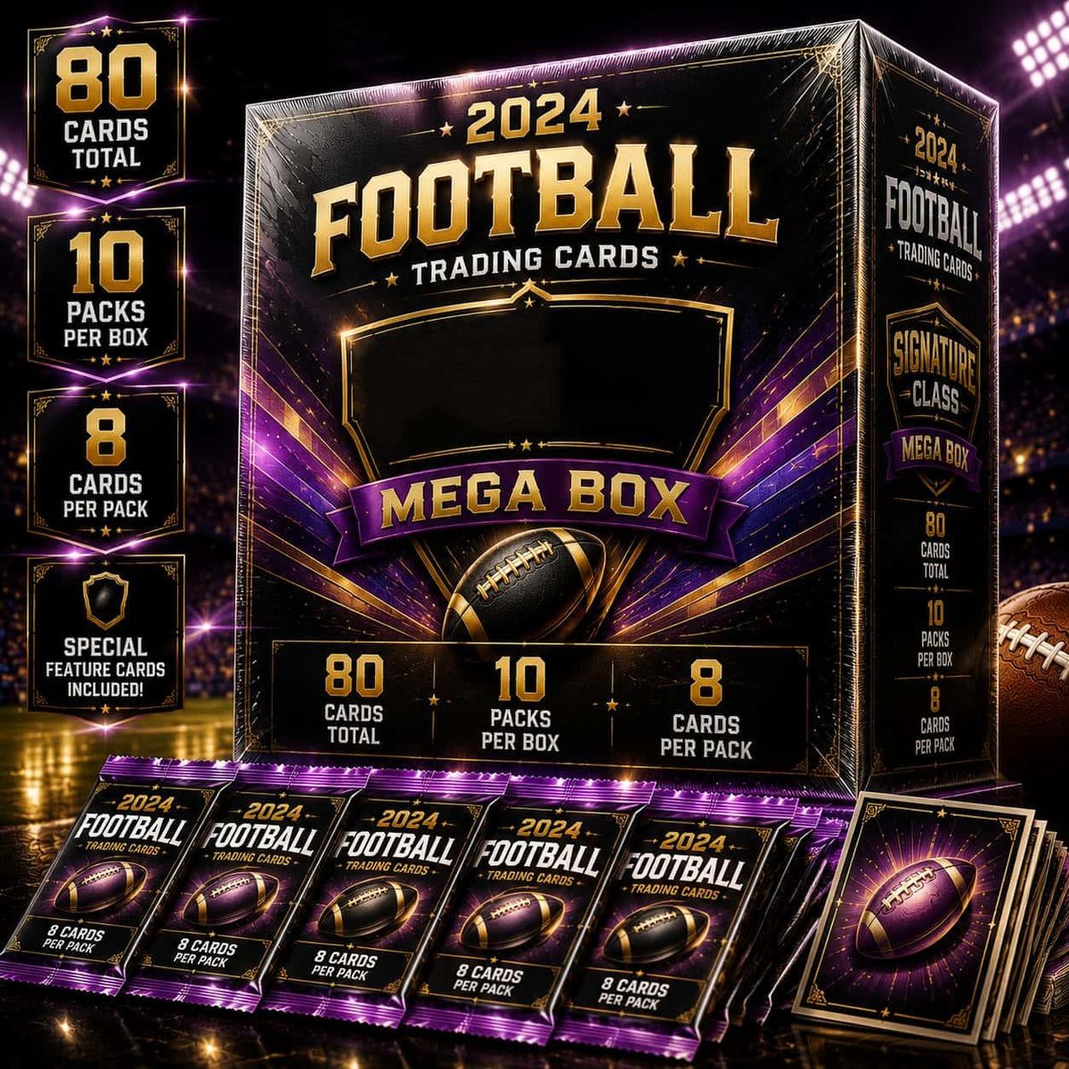 2024 Topps Football Trading Card Mega Box – 80 Cards Factory Sealed, 10-Pack Bundle (8 Cards Each), Special Insert Cards Included – Perfect for Collectors, Card Breaks & Trading