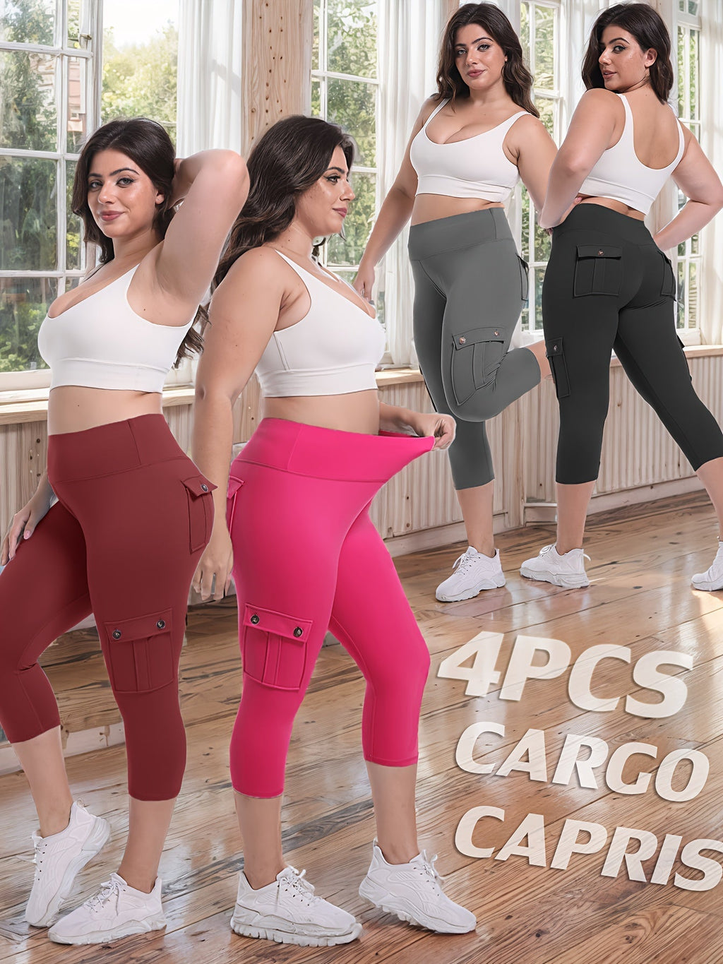 Women's High Waist Yoga Capri Pants 4-Pack 4-Way Stretch Butt Lifting Tummy Control 4 Pockets - Workout Running Sports Leggings S-XXL All Season