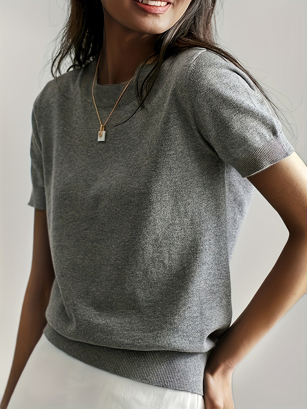 Fine-Spun Short Sleeve Knit Top Women Crew Neck Casual Pullover Sweater Solid Color Lightweight Base Layer Shirt for Women S M L XL XXL