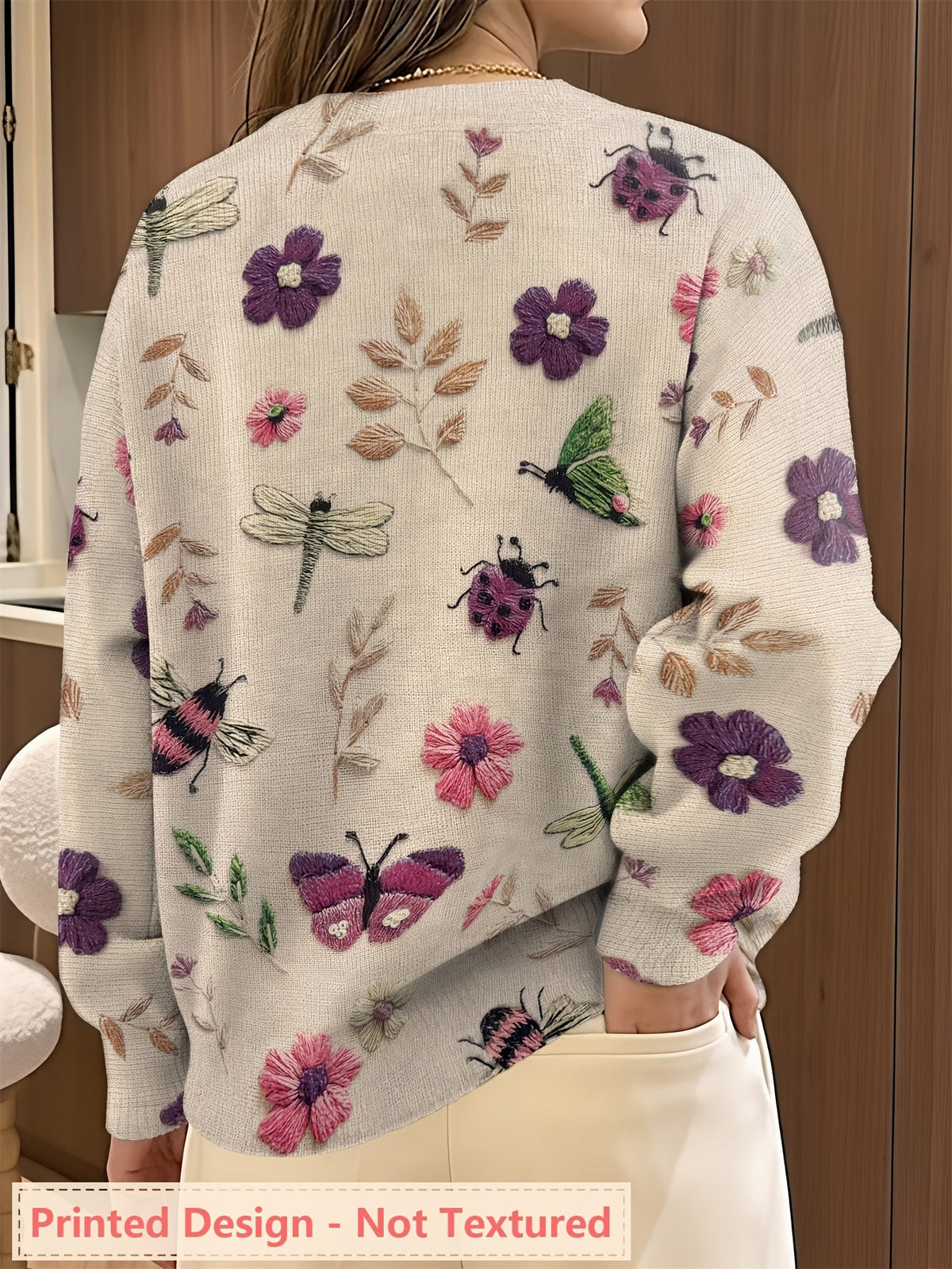 Women's Insect Floral Print Sweater Casual Long Sleeve Crew Neck Pullover Knit Top for Autumn Winter | Lightweight Soft Stretch All-Over Pattern