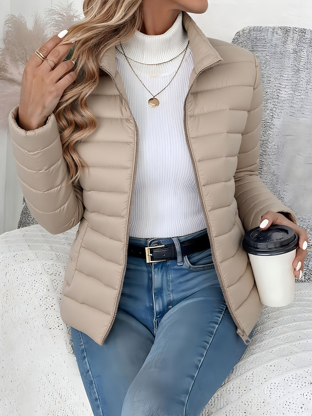 Women's Quilted Puffer Jacket Lightweight Padded Coat Stand Collar Zip Up Cropped Outerwear Fall Winter Slim Fit