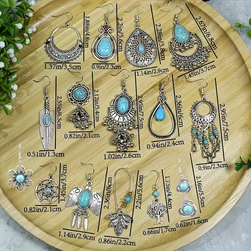 15 Pairs Bohemian Earrings Set for Women – Acrylic Turquoise Dangle Drop Earrings Ethnic Vintage Style Boho Jewelry Gift Set for Girls Ladies Party Daily Wear