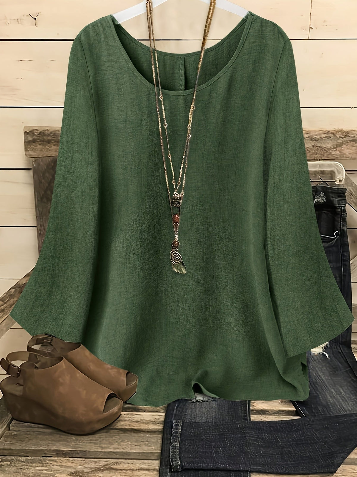 Women's Flared Long Sleeve Crew Neck Solid Shirt Casual Western Blouse Top S-XXL Multiple Colors