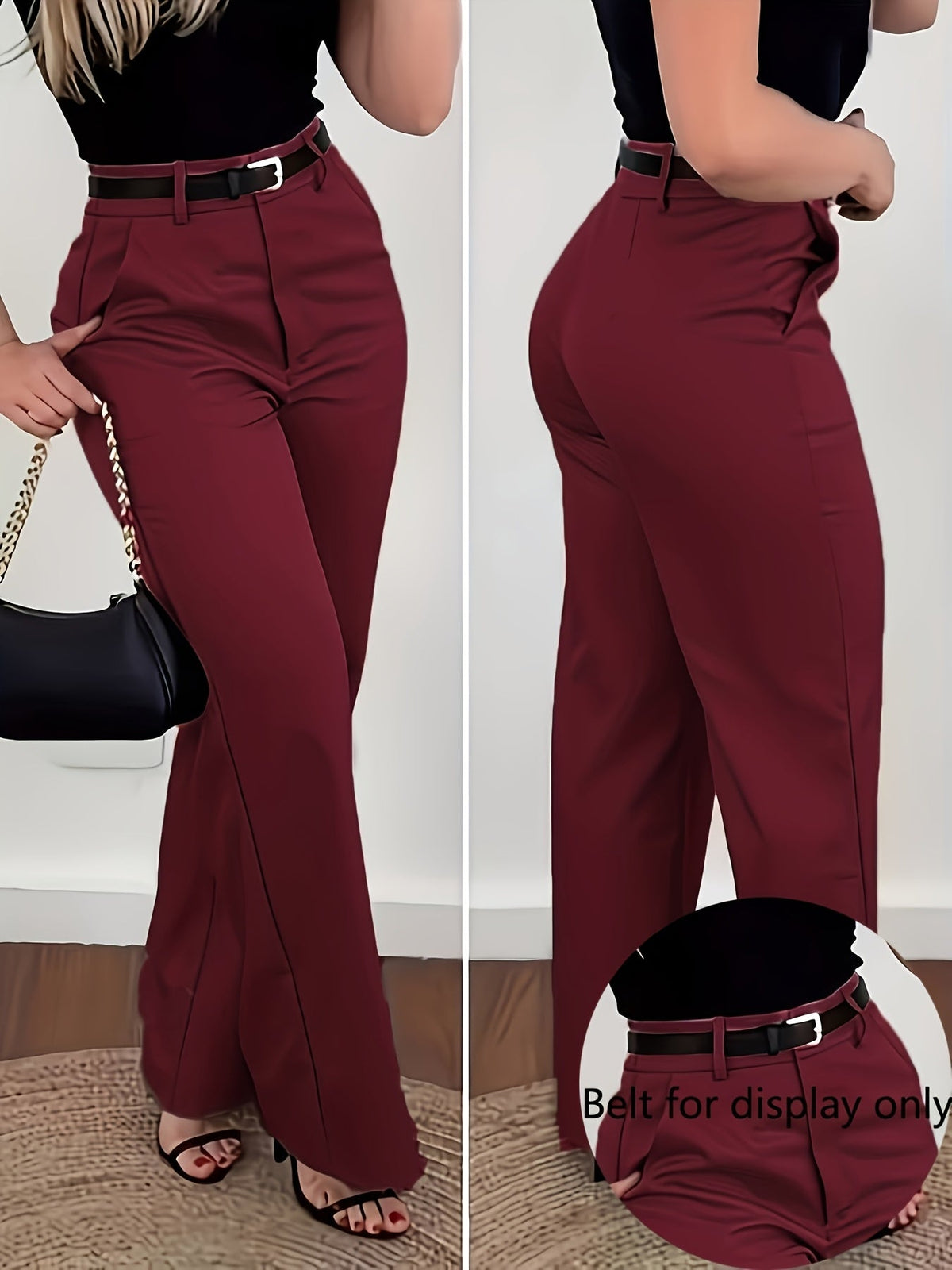 Women's Elegant Solid Color Trousers Machine Washable Office Casual Wide Leg Pants with Pockets S-XXL Dark Gray Burgundy