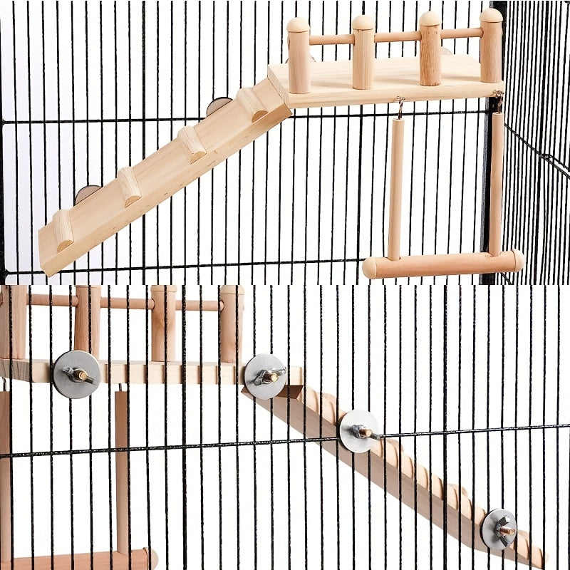 Wood Bird Perch Swing with Climbing Ladder - Multi-Level Radiata Pine Cage Gym Platform for Parrots Lovebirds Cockatiels Chinchillas Hamsters - Bird Play Stand Ladder Swing Cage Accessory