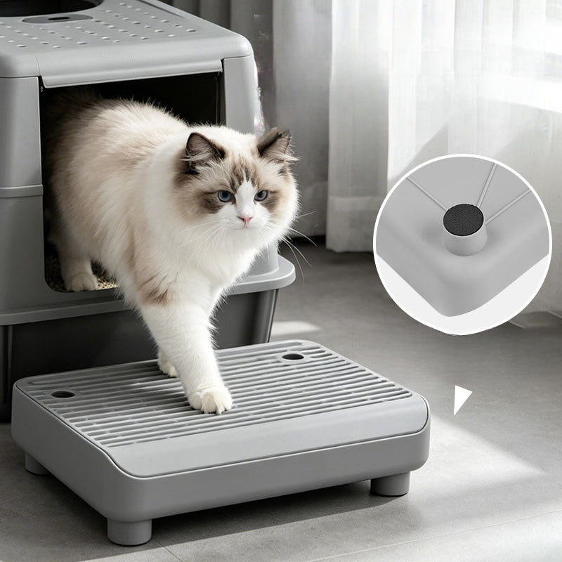 Double-Layer Cat Litter Trapping Mat with Step & Detachable Legs – Non-Slip Leakproof Filter Design, Easy to Clean, Fits Most Litter Boxes, Light Gray