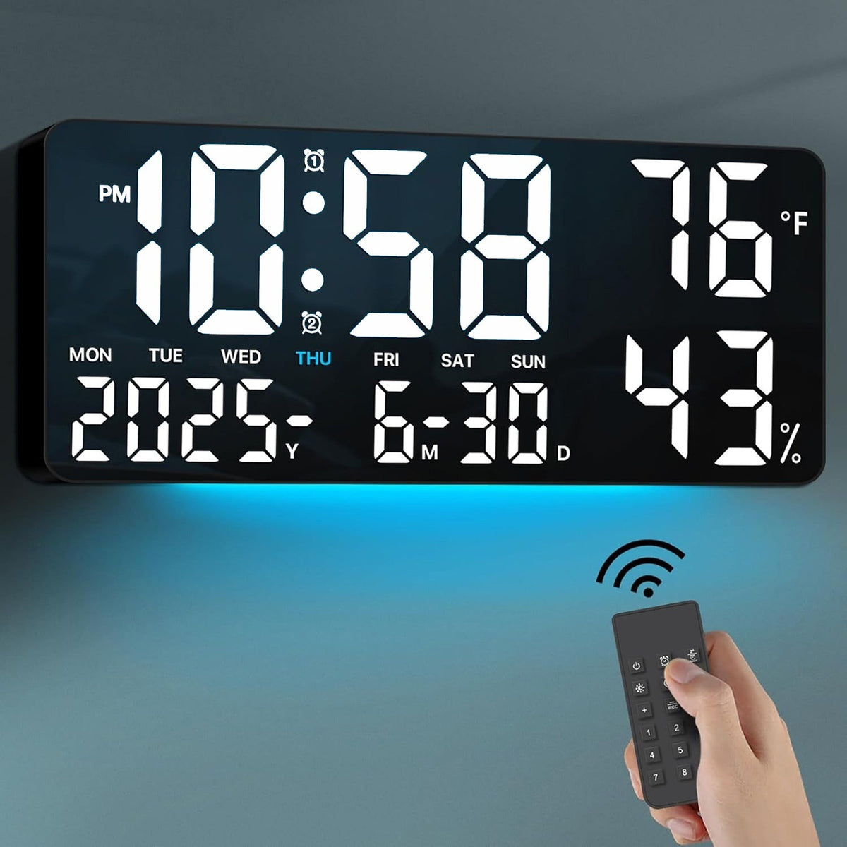 Large Screen LED Alarm Clock with Auto-Dimming Remote Control – 15 Inch Digital Clock Displays Time, Date, Week, Temperature & Humidity – Bedroom Bedside Clock for Seniors, Living Room, Office Desk