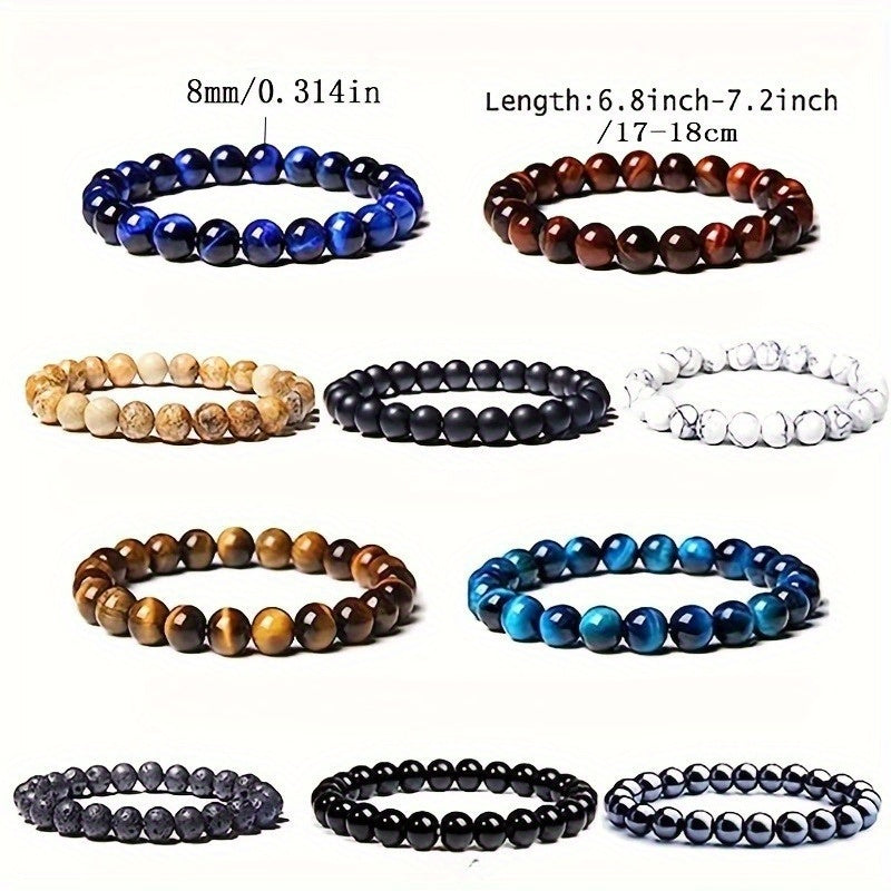 Natural Stone Beaded Bracelet Set 10pcs 8mm Round Elastic for Men Women - Boho Stackable Stretch Bracelets Unisex Healing Crystal Gemstone Wrist Jewelry for Festival, Birthday & Holiday Gift