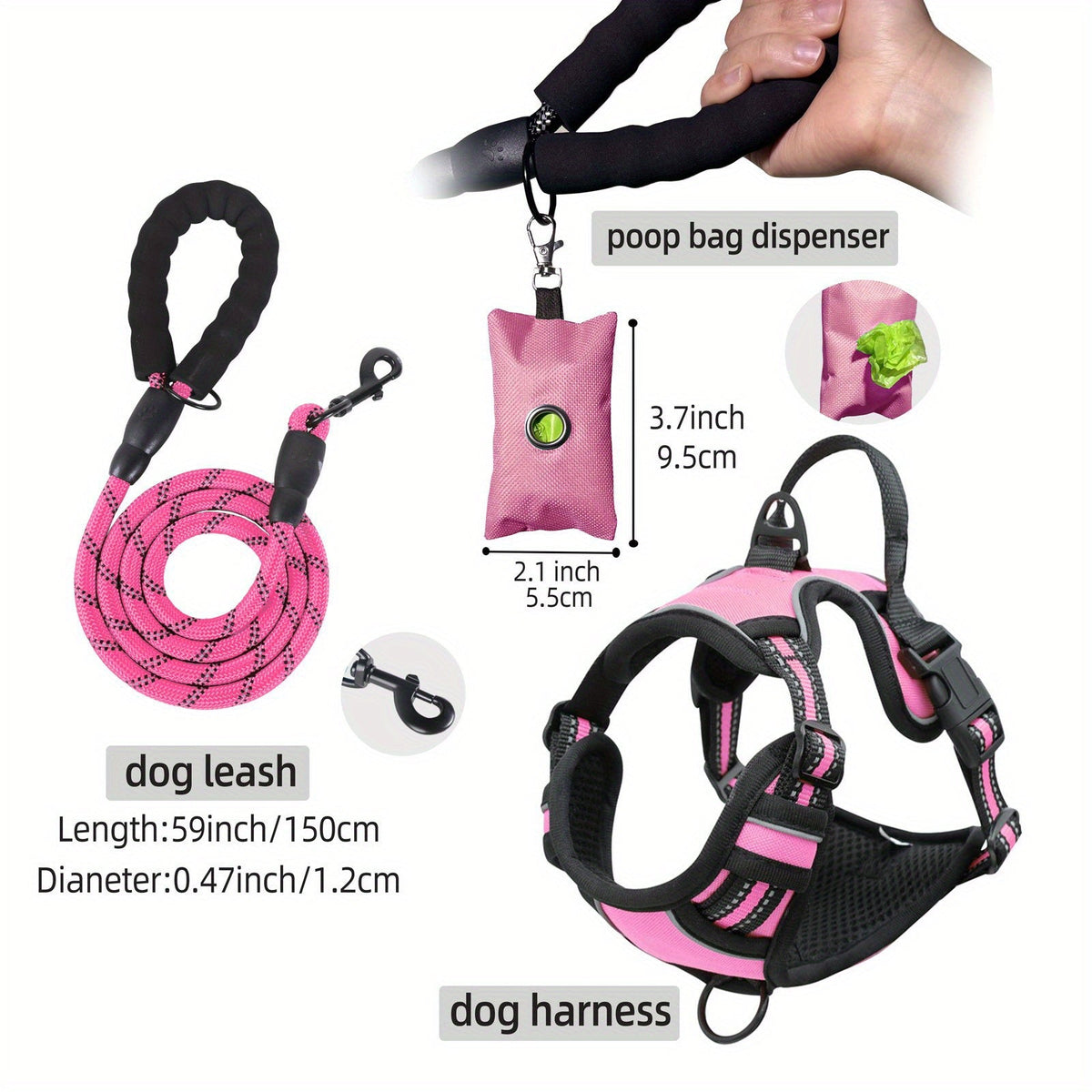 Dog Harness Leash and Poop Bag Dispenser Set 3-Piece Escape-Proof Adjustable Breathable Vest Harness for Medium Large Dogs with Reflective Strips – No-Pull Padded Dog Walking Kit with Waste Bag Holder