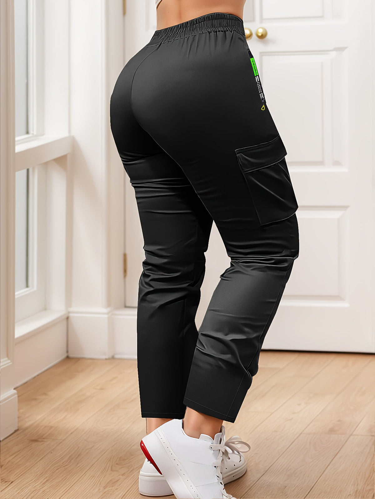 Women's Multi-Pocket Cargo Pants – Neon Green Zipper Accents, Drawstring Waist, Full-Length Outdoor Travel Trousers, 4 Colors, Sizes XS-XXL, Spring Fall Casual Streetwear