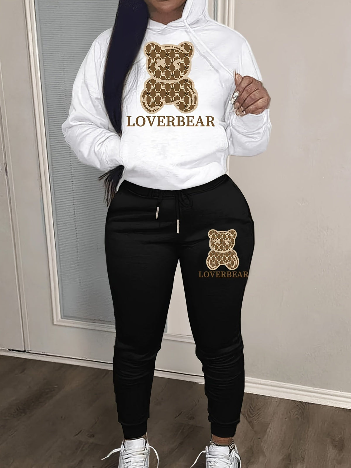 Cartoon Bear Print Two-piece Set Hoodie & Jogger Pants Women Tracksuit Drawstring Long Sleeve Sweatsuit Outfit S-XXL Multiple Colors