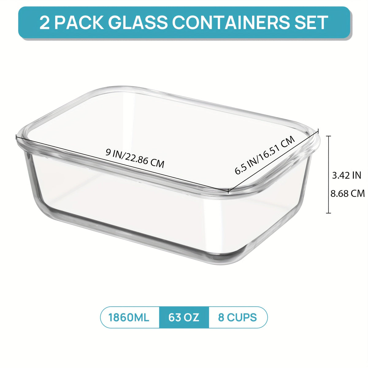 Large Glass Food Storage Containers with Lids 2-Pack 63oz, Borosilicate Glass Meal Prep Containers Airtight Snap Lid, Oven Microwave Freezer & Dishwasher Safe, Leakproof Glass Baking Dish for Family Meals