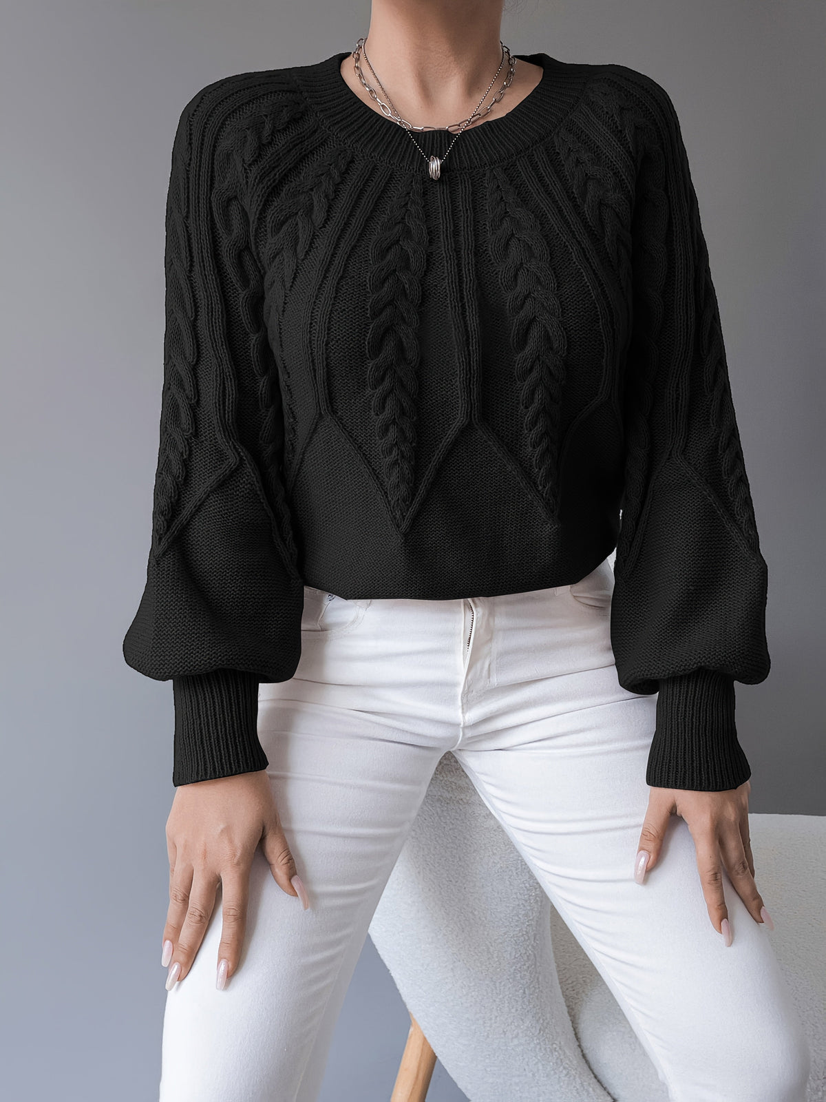 Women's Chunky Lantern Sleeve Sweater Crew Neck Textured Knit Pullover Cozy Fall Winter Sweater Khaki Apricot Black S-XXL