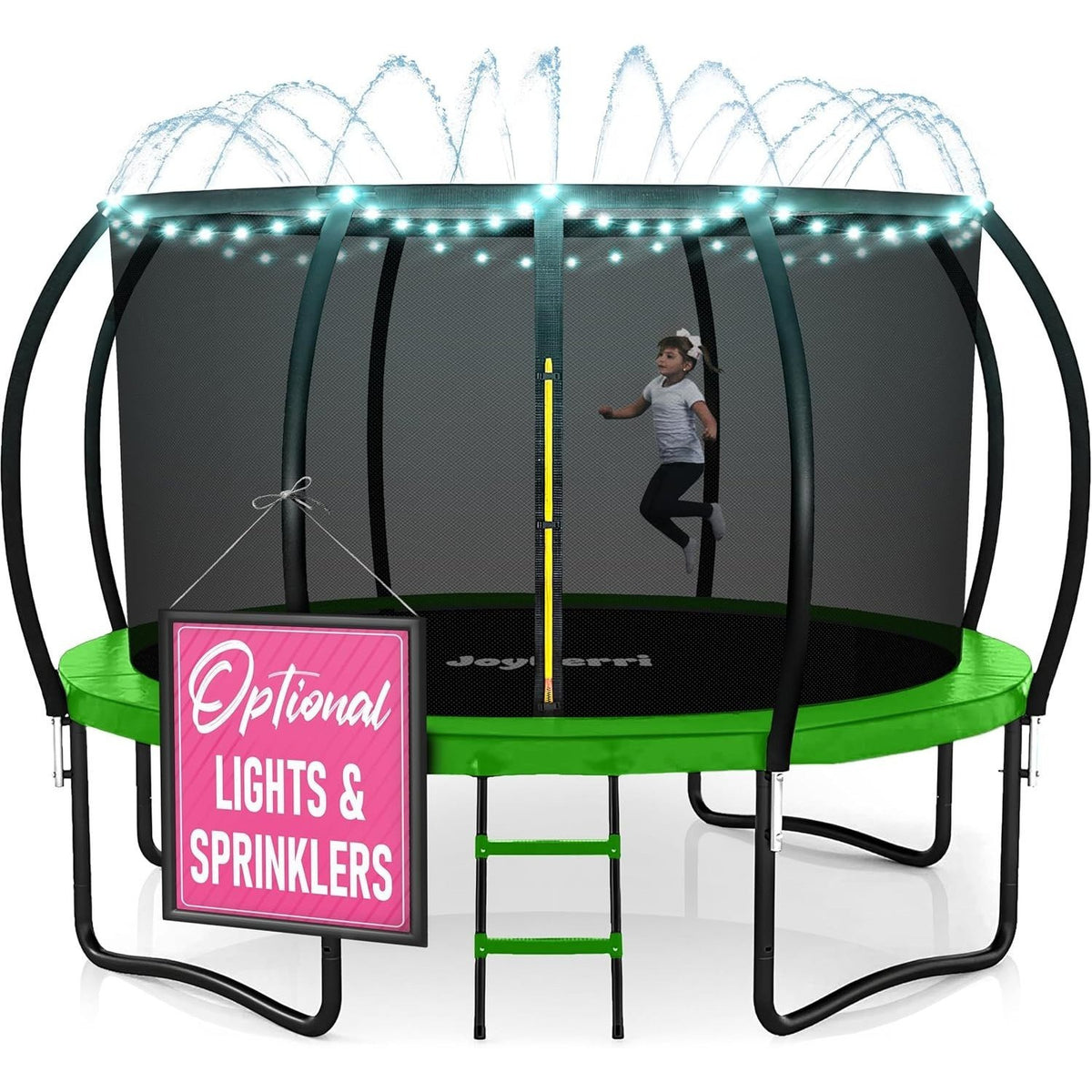 JoyBerri Outdoor Trampoline with Enclosure Net - 8FT to 16FT Backyard Trampoline for Kids & Adults, Heavy Duty Anti-Rust Frame, LED Lights, Sprinkler & Ladder Included | Family Fitness Fun Gift