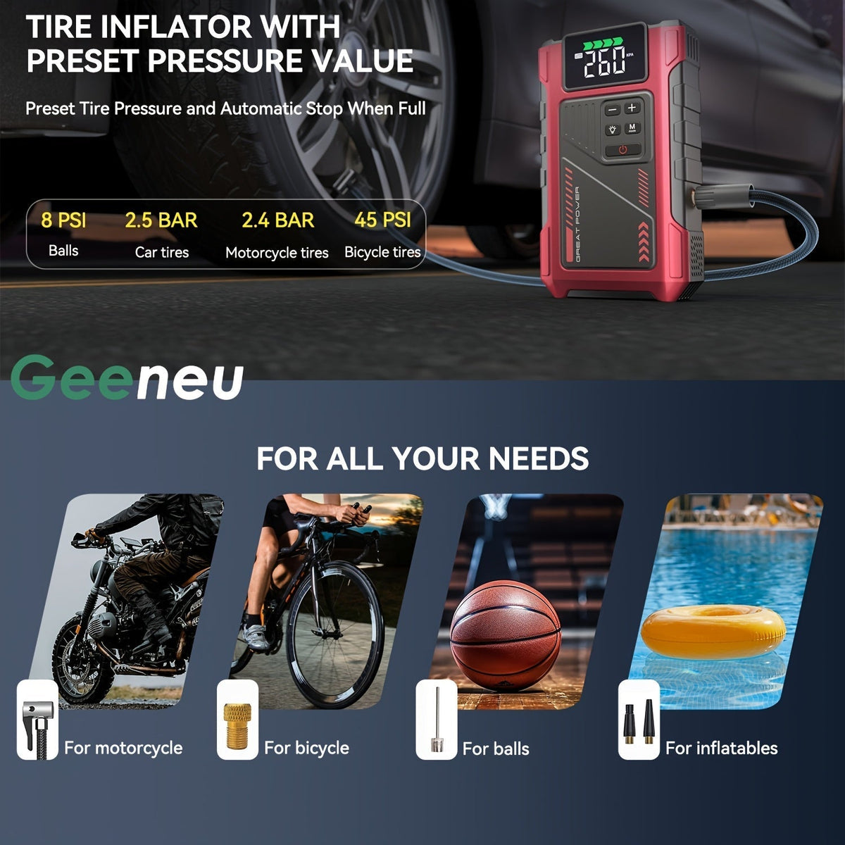 8000A Portable Jump Starter with Air Compressor – 12V Battery Booster for 8.0L Gas & 6.5L Diesel, USB Ports, LED Flashlight, Jump Box for Cars, Trucks & SUVs