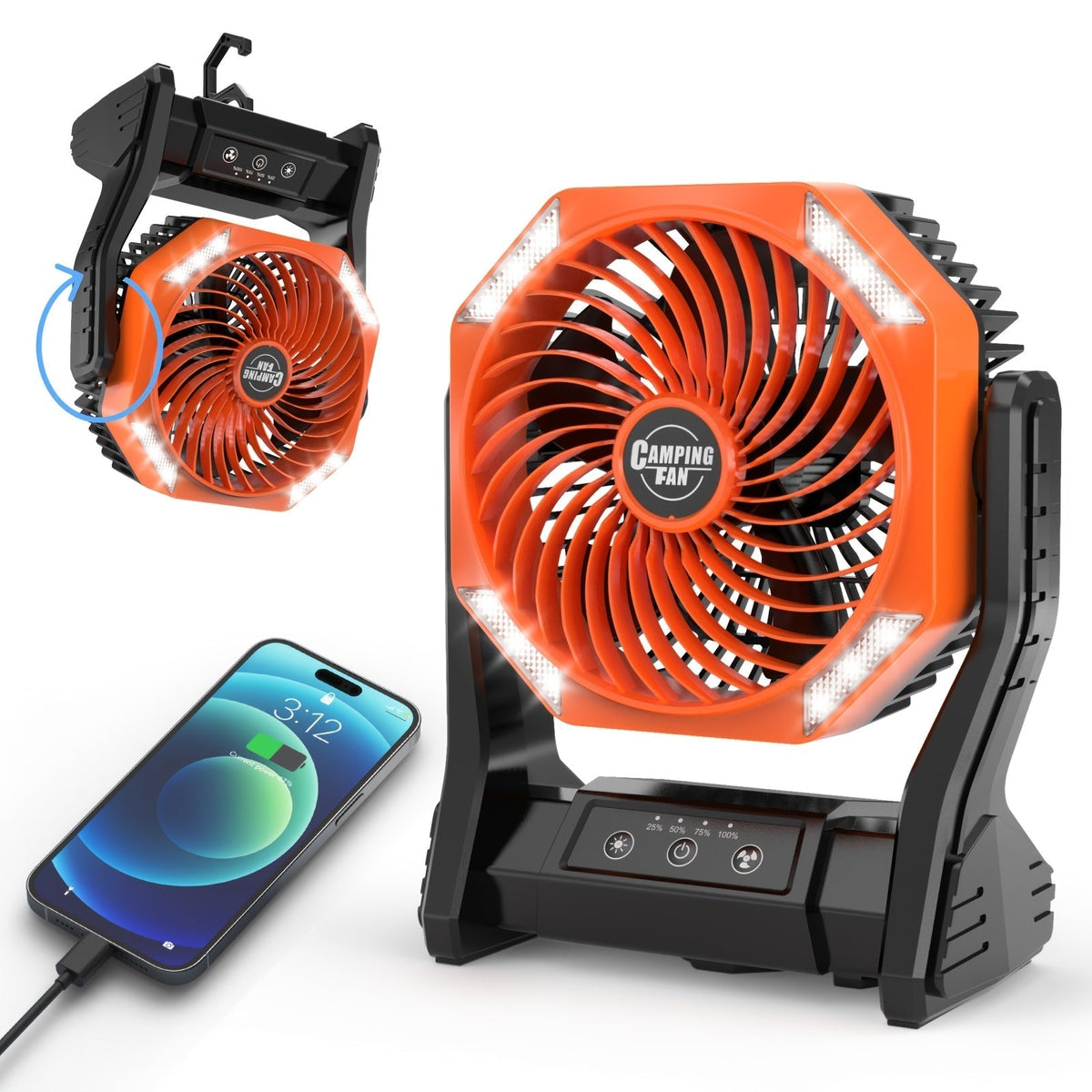 20000mAh Camping Fan with LED Light – 4 Wind Speeds, Brushless Motor, 180° Oscillation, 22-26H Battery Life, 3-in-1 Portable Outdoor Desk Fan for Camping, Hiking, Picnic & Emergency Use – 6 Colors