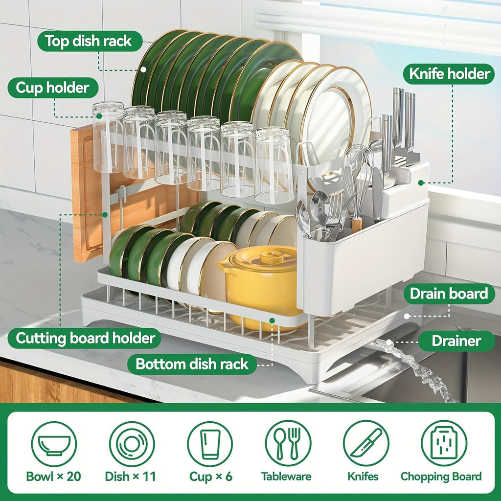 2-Tier Dish Drying Rack with Drainboard for Kitchen Counter – Large Capacity Metal Dish Drainer with Drain Tray, Organizer for Plates, Cups & Utensils, Available in Black, White & Gray