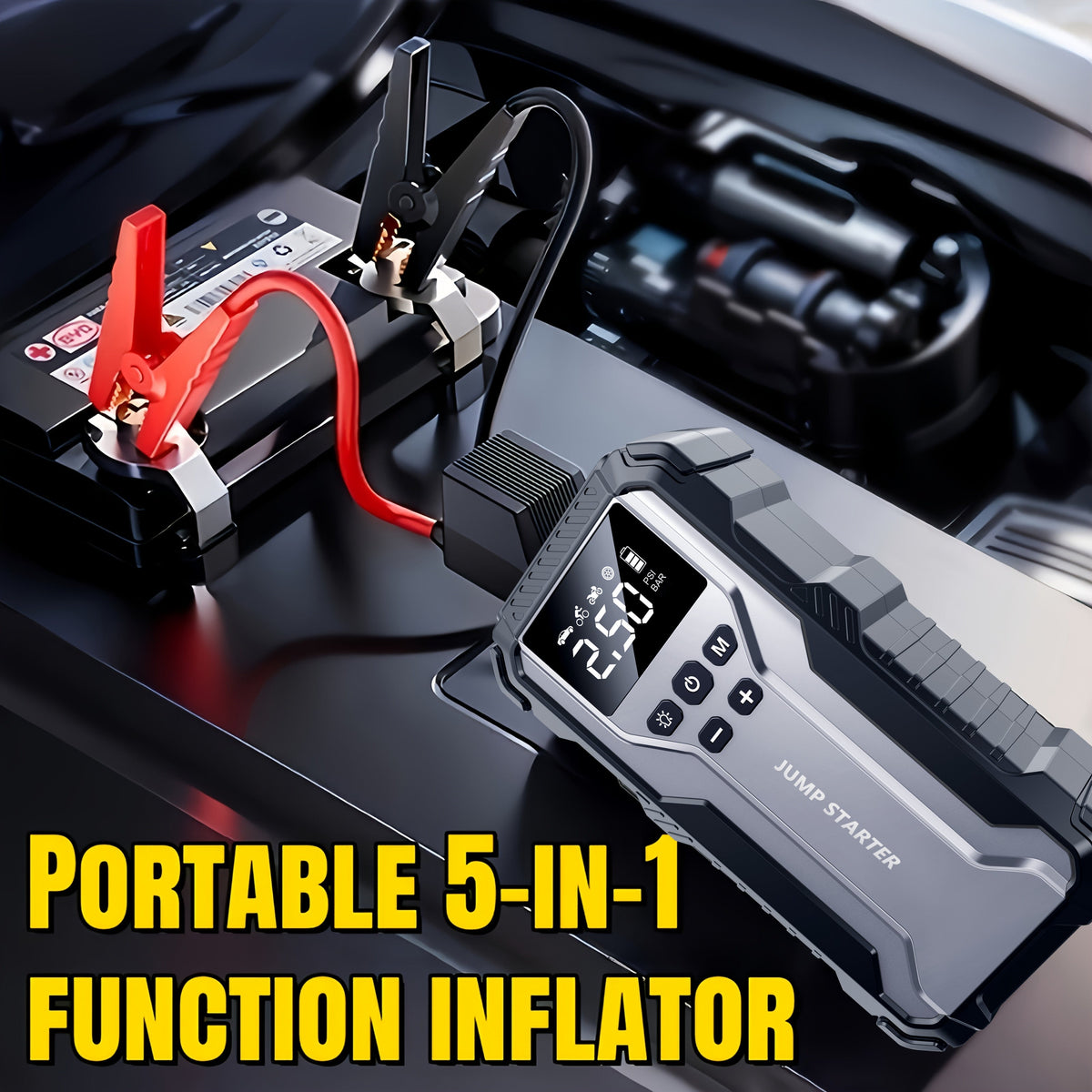 Portable Car Jump Starter Kit Multi-Function 12V Battery Booster with LED Flashlight SOS Rescue Light Air Pump for Cars Trucks Emergency Power Accessory