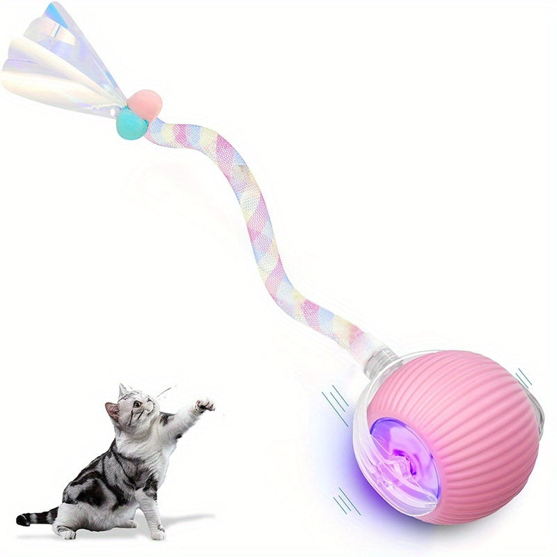 Electric Self-Rolling Cat Ball Toy Automatic Interactive Cat Toy Ball with Elastic Net Tail Fast Rolling Smart Motion Ball for Indoor Cats Kittens Carpet Floor Play