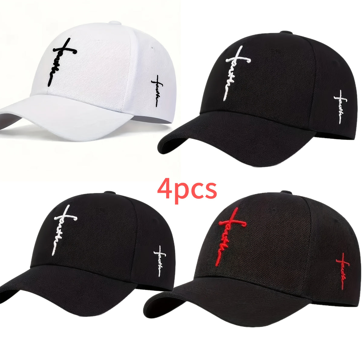 4 Pack Cross Embroidered Baseball Cap – Unisex Adjustable Snapback Sun Hat, Lightweight 100% Polyester Outdoor Travel Beach Game Day Hat for Women & Men