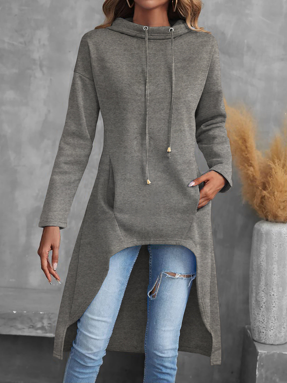 Women's Hi-Low Hem Hoodie Sweatshirt Casual Long Sleeve Drawstring Pullover Solid Color Hooded Top Red Black Blue Grey Yellow S-XXL
